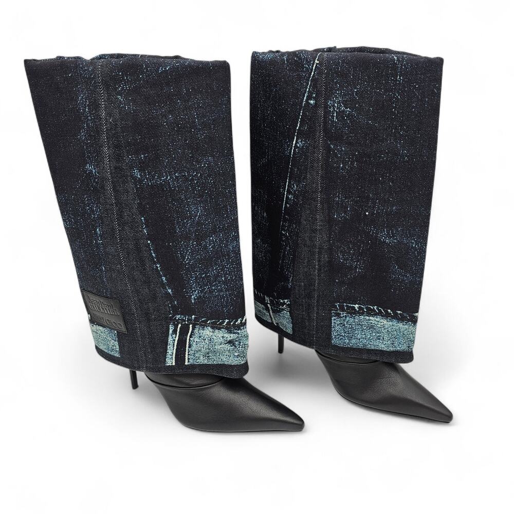 Jimmy Choo x Jean Paul Gaultier Demin Cuff Black Leather Heel Boot Size 37 US 7